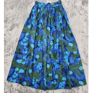 Vintage 40s 50s VIP Fabrics Skirt Womens XS Blue Green Floral Pleated Maxi Zip